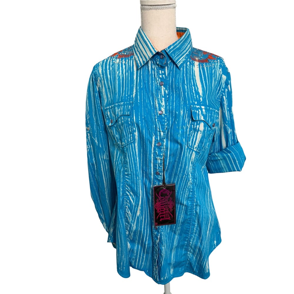 Rock and Roll Cowgirl Turquoise Embroidered Rhinestone Western Snap Shirt NEW‎